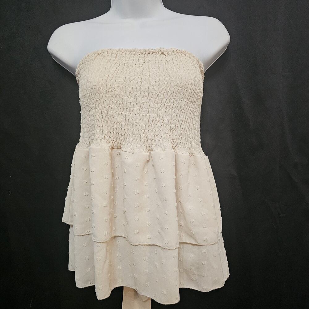 Womens Top M Smocked Strapless Tiered Ruffle Cottage Boho Coquette Romantic